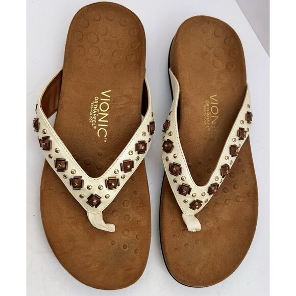 Vionic Floriana Leather Brown Beaded Thong Sandals Womens Size 9 Orthaheel Shoes - Picture 2 of 8